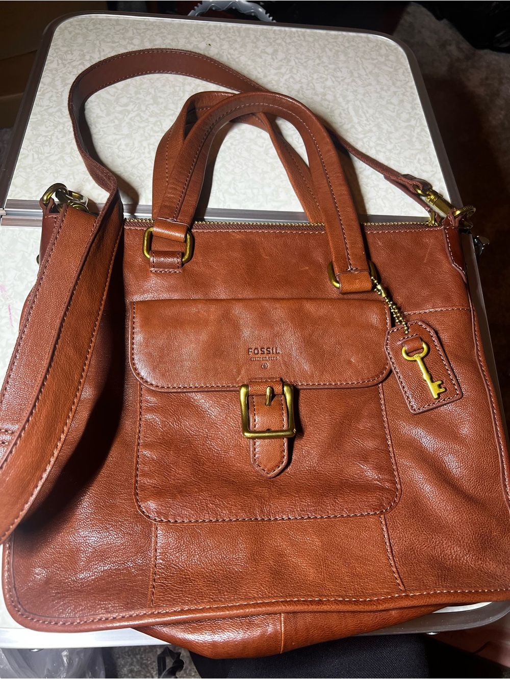 Fossil Leather Satchel in Cognac Brown with Gold Hardware